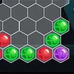 Esferas de colores rojo, verde y morado dispuestas en una cuadrícula hexagonal