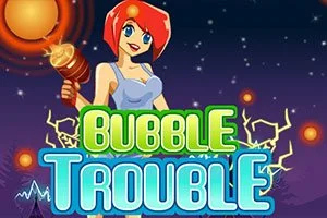 Una mujer con cabello rojo sostiene un martillo en un fondo oscuro con luces brillantes y el texto Bubble Trouble