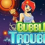 Una mujer con cabello rojo sostiene un martillo en un fondo oscuro con luces brillantes y el texto Bubble Trouble