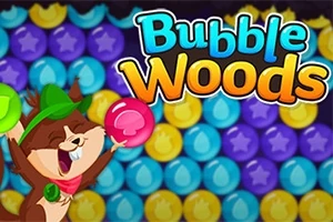 Un alegre animalito con sombrero verde sostiene una burbuja rosa frente a un fondo de burbujas de colores y el texto Bubble Woods