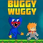 Personaje pixelado azul con boca roja grande junto a un niño pelirrojo sobre un fondo pixelado verde