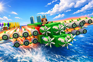 Personaje caricaturesco en un vehículo verde con hélices volando sobre el mar, con otros autos flotantes al fondo y rascacielos y globos aerostáticos en el horizonte