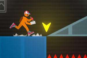 Un personaje con gorra y mochila salta sobre una plataforma azul evitando picos rojos y una flecha amarilla señala su camino