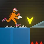 Un personaje con gorra y mochila salta sobre una plataforma azul evitando picos rojos y una flecha amarilla señala su camino