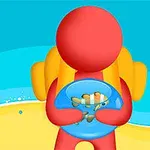 Figura roja con mochila amarilla sosteniendo un plato azul con pastel en una playa