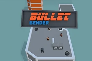Vista aérea de un edificio con personajes pequeños y un letrero que dice BULLET BENDER