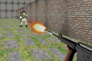 Escena en primera persona de un soldado disparando a un enemigo en un entorno tridimensional con muros de ladrillo