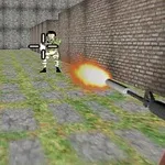Escena en primera persona de un soldado disparando a un enemigo en un entorno tridimensional con muros de ladrillo