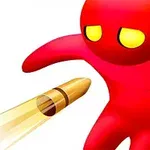 Personaje rojo con ojos amarillos esquivando una bala dorada en movimiento