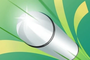 Bala metálica brillante con líneas de velocidad sobre un fondo verde y amarillo