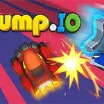 Dos coches de colores brillantes chocando con una explosión en el centro sobre un fondo con rayas diagonales y el texto Bump