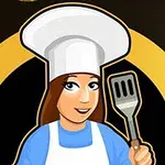 Chef de caricatura con sombrero blanco y espátula sobre fondo amarillo y negro