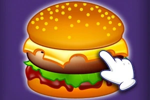 Hamburguesa con lechuga y queso con un fondo púrpura, acompañada de un cursor de mano blanca