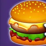 Hamburguesa con lechuga y queso con un fondo púrpura, acompañada de un cursor de mano blanca