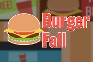 Ilustración de una hamburguesa con queso, lechuga y tomate, acompañada del texto Burger Fall en letras rojas sobre un fondo colorido