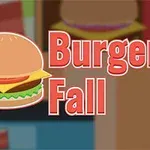 Ilustración de una hamburguesa con queso, lechuga y tomate, acompañada del texto Burger Fall en letras rojas sobre un fondo colorido