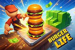 Personaje caricaturesco con gorra roja señalando una hamburguesa triple sobre una plataforma, con rayos de luz, billetes volando y montones de dinero verde junto al texto BURGER LIFE