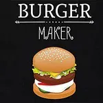 Hamburguesa ilustrada con ingredientes como lechuga, queso y tomate sobre un fondo negro, con el texto BURGER MAKER arriba