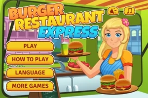Mujer rubia sonriente sosteniendo una charola con hamburguesas y papas fritas, junto a botones de menú de juego en un diseño colorido