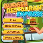Mujer rubia sonriente sosteniendo una charola con hamburguesas y papas fritas, junto a botones de menú de juego en un diseño colorido