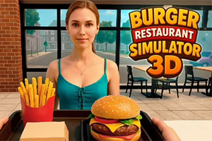 Mujer frente a una hamburguesa con papas fritas en un restaurante, con letrero grande de hamburguesas al fondo