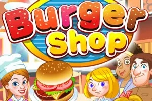Ilustración colorida de personaje chef sonriendo con una hamburguesa y el texto Burger Shop arriba