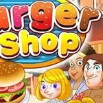 Ilustración colorida de personaje chef sonriendo con una hamburguesa y el texto Burger Shop arriba