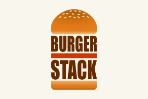 Texto Burger Stack en letras marrones con forma de hamburguesa sobre fondo claro