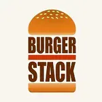Texto Burger Stack en letras marrones con forma de hamburguesa sobre fondo claro