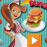 Ilustración de una mesera sonriente sosteniendo un plato con una hamburguesa, rodeada de letras coloridas y diversos ingredientes