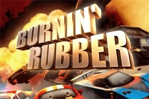 Texto tridimensional Burnin Rubber con coches deportivos y explosiones en el fondo