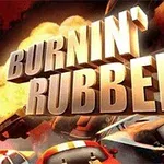 Texto tridimensional Burnin Rubber con coches deportivos y explosiones en el fondo