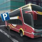 Autobús rojo de dos pisos estacionado en un lote con señal de estacionamiento