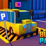 Autobús amarillo de dibujos animados estacionado en un lugar designado, con un letrero de estacionamiento y edificios de colores al fondo