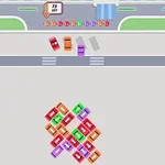 Carros de colores en una fila y patrones en el pavimento con un marcador de puntuación en la parte superior
