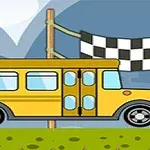 Autobús amarillo frente a una bandera de meta en un paisaje montañoso
