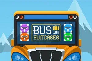 Un autobús amarillo con un letrero digital que dice Bus with Suitcases, acompañado de iconos de maletas de colores, con montañas de fondo