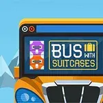 Un autobús amarillo con un letrero digital que dice Bus with Suitcases, acompañado de iconos de maletas de colores, con montañas de fondo