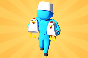 Figura azul de personaje con gorro blanco sosteniendo dos pollos animados en un fondo amarillo con rayos