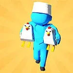 Figura azul de personaje con gorro blanco sosteniendo dos pollos animados en un fondo amarillo con rayos
