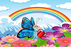 Mariposa azul regando flores de colores bajo un arcoíris en un campo floral