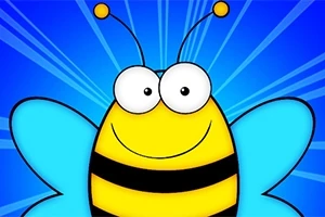 Abeja caricaturesca con antenas, ojos grandes, rayas negras y amarillas, y alas azules, sobre un fondo azul con rayos brillantes