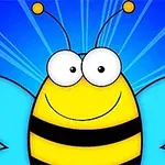 Abeja caricaturesca con antenas, ojos grandes, rayas negras y amarillas, y alas azules, sobre un fondo azul con rayos brillantes