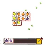 Mosaico de frutas y verduras con cebollas, limones y naranjas en fichas sobre un fondo blanco con detalles decorativos y una barra inferior de selección
