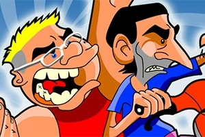 Dibujo caricaturesco de dos personajes, uno con cabello rubio y expresión enojada, el otro con barba y expresión sorprendida, ambos en actitud de tensión