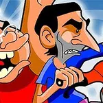 Dibujo caricaturesco de dos personajes, uno con cabello rubio y expresión enojada, el otro con barba y expresión sorprendida, ambos en actitud de tensión