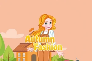 Mujer de cabello naranja con overol marrón frente a una casa, con texto Autumn Fashion