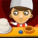 Un personaje animado con gorro de chef sostiene una cereza roja junto a una mesa con un pastel blanco y un molde vacío, sobre un fondo rojo