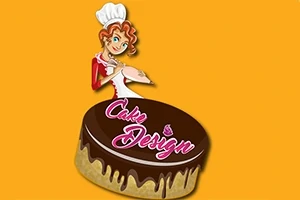 Dibujo de una chef sobre un pastel de chocolate con la frase Cake Design en fondo amarillo