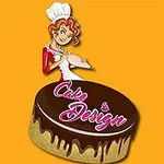 Dibujo de una chef sobre un pastel de chocolate con la frase Cake Design en fondo amarillo